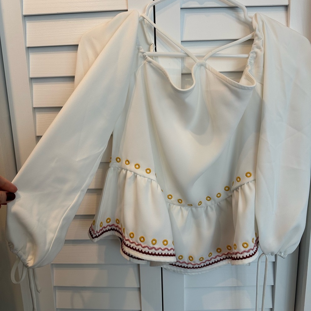 White Peasant Blouse with Embroidered Details
